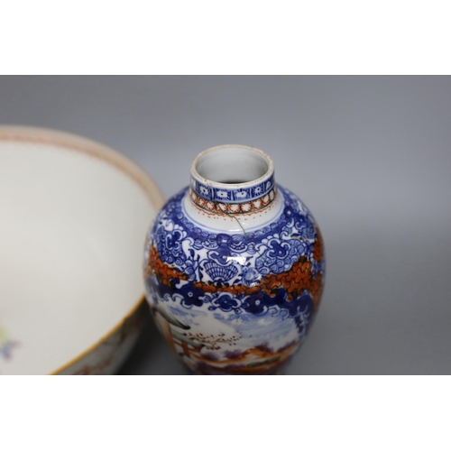 284 - An 18th century Chinese export famille rose bowl and a similar mandarin pattern vase, bowl 26cm diam... 