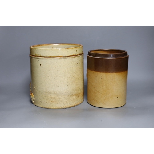 286 - Two 19th century salt glazed stoneware cylindrical storage jars, both with Royal Coat of Arms sprigg... 