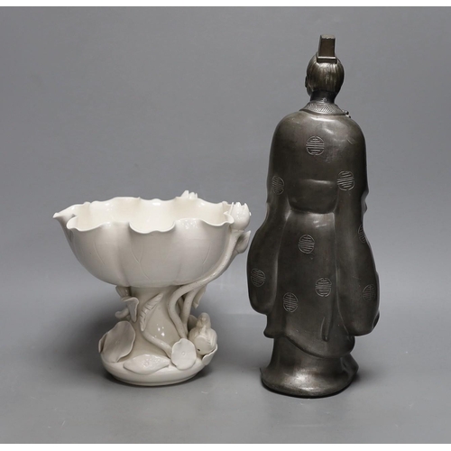 289 - A Hong Kong pewter model of Confucius and a blanc de chine lotus bowl