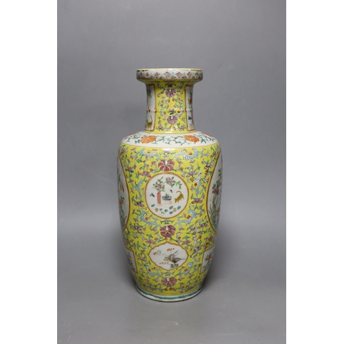 296 - A 19th century Chinese yellow ground vase, base lacking, 36cm