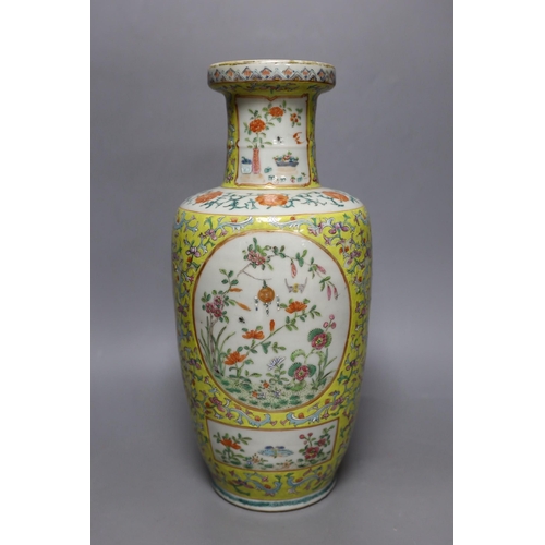 296 - A 19th century Chinese yellow ground vase, base lacking, 36cm