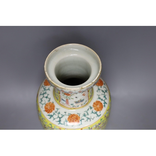 296 - A 19th century Chinese yellow ground vase, base lacking, 36cm