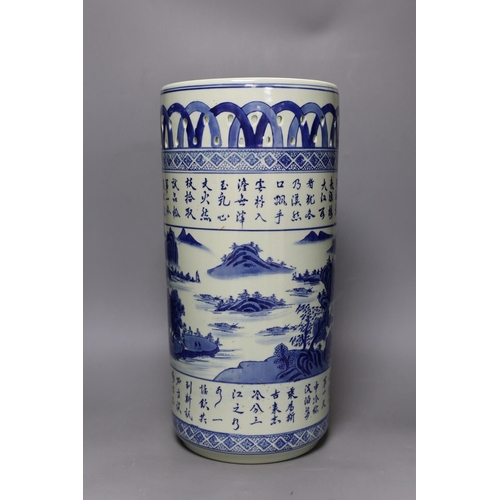 302 - A Chinese  blue and white umbrella / stick stand, 45cm