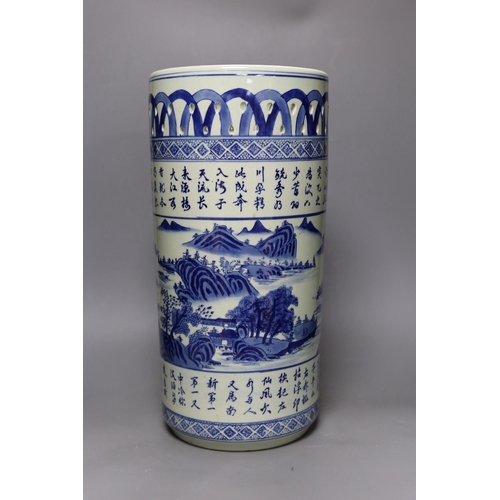 302 - A Chinese  blue and white umbrella / stick stand, 45cm