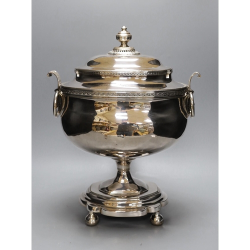 307 - A 19th century silver plated tea urn, Egyptianesque handles, 43cm