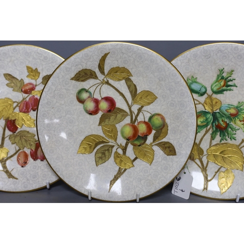 308 - Three Royal Worcester Aesthetic period plates, with raised gilded and enamelled botanical decoration... 