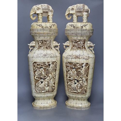 309 - A pair of large Chinese bone veneered vases, 63cm high