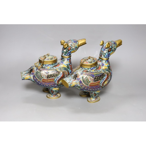 310 - A pair of 20th century Chinese cloisonné enamel  duck vessels, 20cm