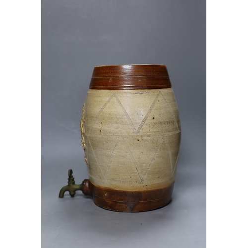 321 - A 19th century salt glazed stoneware Brandy barrel, with Royal coat of arms sprigging, 33cm