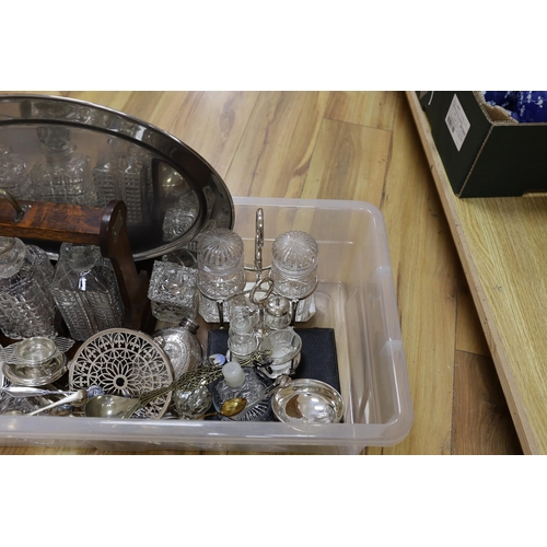 326 - Assorted plated ware including tantalus, cruet set, hip flask, flatware etc