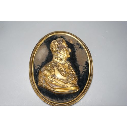 337 - A gilt metal portrait profile relief, The Duke of Wellington, set on black velvet ground, brass fram... 