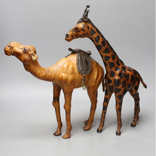 341 - A Liberty style hide covered giraffe and camel (2) tallest 42cm