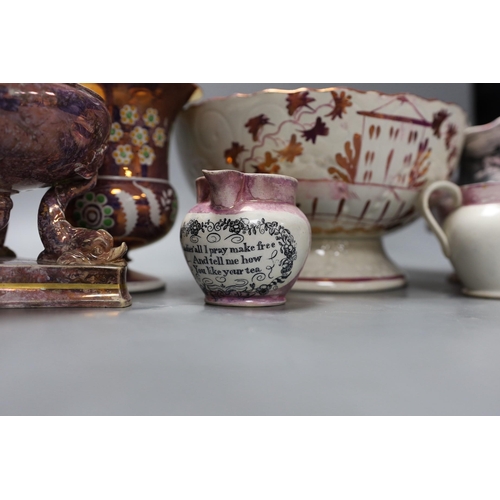 343 - A group of early 19th century pink lustre vases and jugs and a junket bowl