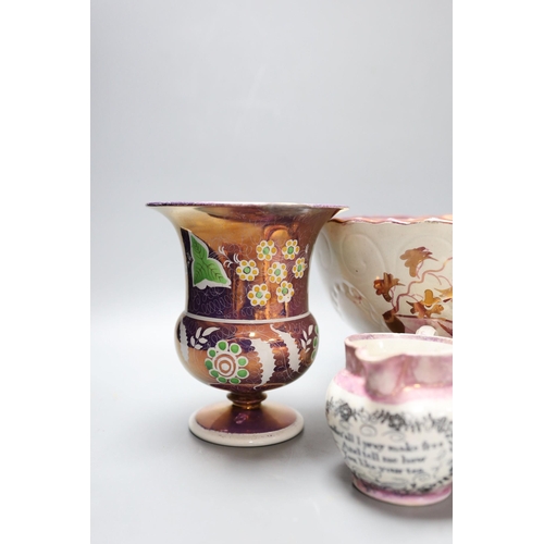 343 - A group of early 19th century pink lustre vases and jugs and a junket bowl