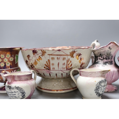 343 - A group of early 19th century pink lustre vases and jugs and a junket bowl