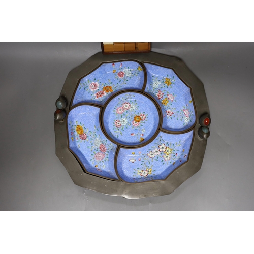 361 - An early 20th century Chinese Guangzhou enamel supper set in a pewter tray, 35cm and a boxed set of ... 