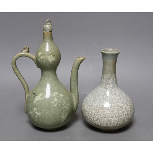 362 - A Korean celadon wine pot and a similar vase, tallest 22cm