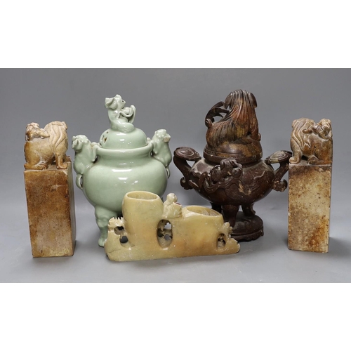 367 - A Chinese celadon ground censer, together with a hardstone censer, a soapstone carving and two hards... 