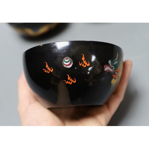 376 - Four Chinese Republic Fuzhou lacquer dragon bowls. 11cm diameter