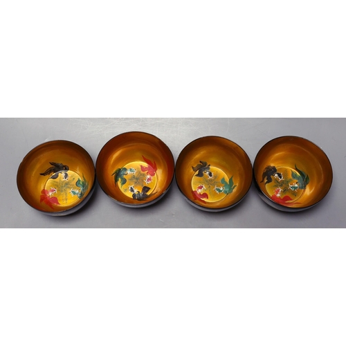 376 - Four Chinese Republic Fuzhou lacquer dragon bowls. 11cm diameter