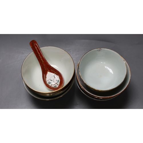 381 - A selection of seven Chinese Republic period bowls, together with a rice spoon. Largest bowl 13cm di... 