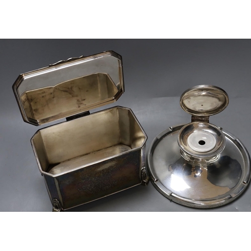 382 - A silver capstan inkwell together with a silver Armada dish, a plated Mappin & Webb box and another ... 