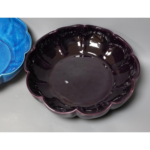 386 - A Chinese blue crackle-glaze fluted bowl, together with another similar in purple. 28cm diameter... 