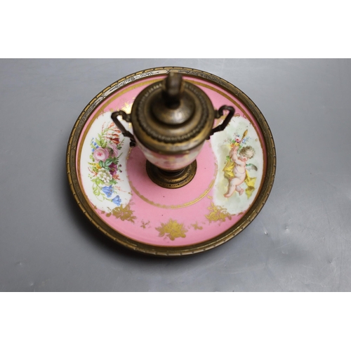 390 - A Sevres style pink ground porcelain and gilt metal mounted inkwell, 18cm tall