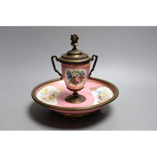 390 - A Sevres style pink ground porcelain and gilt metal mounted inkwell, 18cm tall