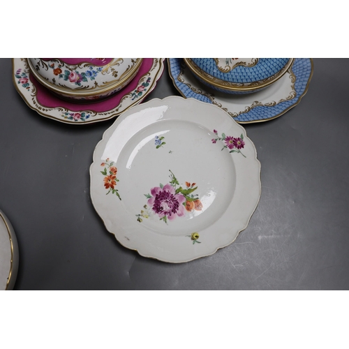 394 - Two 19th century Meissen plates, 24.5cm, a 19th century Copenhagen porcelain dish and a pair of Cont... 