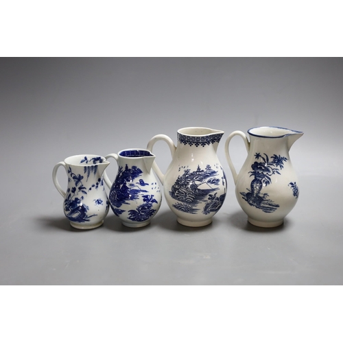 395 - Four late 18th century Worcester blue and white sparrow beak jugs, tallest 12cm