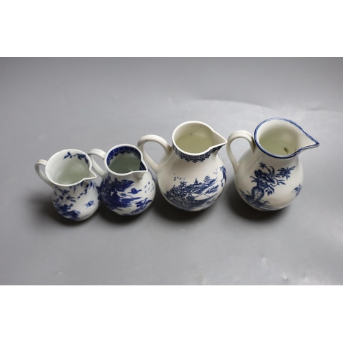 395 - Four late 18th century Worcester blue and white sparrow beak jugs, tallest 12cm