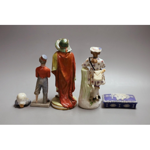 399 - A Crown Derby figure, 19.5cm, a Royal Worcester figure of an amputee, a continental porcelain group,... 