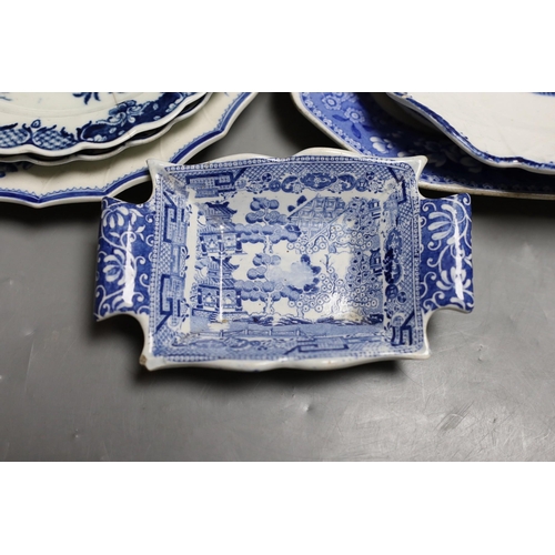 400 - A Bow blue and white dish, 19.5cm, three Worcester blue and white plates, late 18th century and thre... 