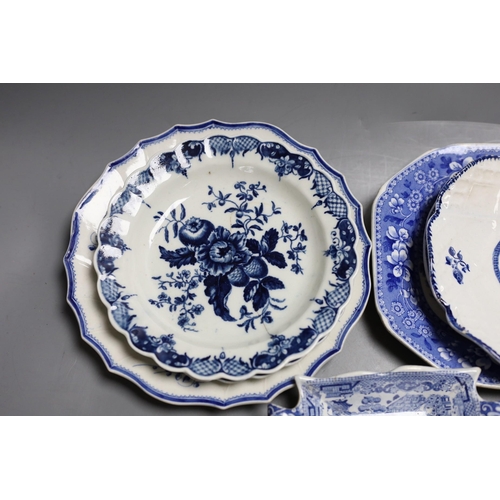 400 - A Bow blue and white dish, 19.5cm, three Worcester blue and white plates, late 18th century and thre... 