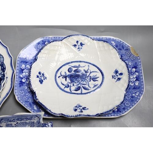 400 - A Bow blue and white dish, 19.5cm, three Worcester blue and white plates, late 18th century and thre... 