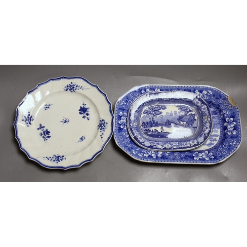 400 - A Bow blue and white dish, 19.5cm, three Worcester blue and white plates, late 18th century and thre... 