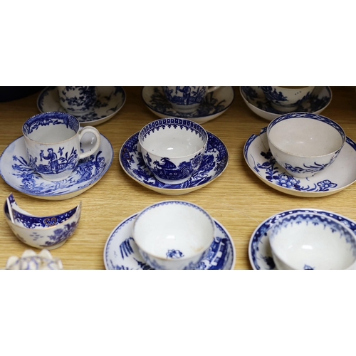 403 - A large group of 18th century Worcester, Caughley and Liverpool blue and white tea bowls, coffee cup... 