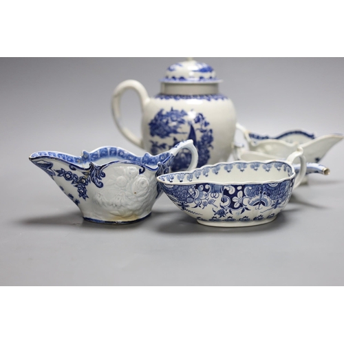 406 - Two Worcester blue and white sauceboats a Bow (?) Sauceboat, a damaged teapot and a continental inva... 