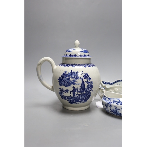 406 - Two Worcester blue and white sauceboats a Bow (?) Sauceboat, a damaged teapot and a continental inva... 