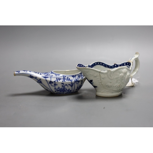 406 - Two Worcester blue and white sauceboats a Bow (?) Sauceboat, a damaged teapot and a continental inva... 