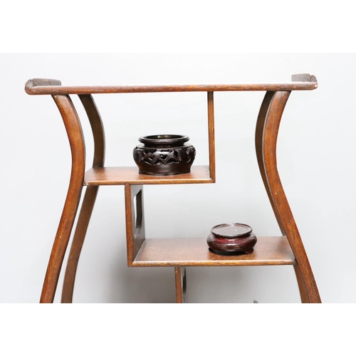 412 - A Chinese wood shelf and various wood stands, tallest 45cm