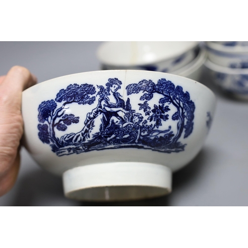 415 - A group of late 18th century Liverpool porcelain blue and white bowls, largest 21 cm, Worcester bowl... 