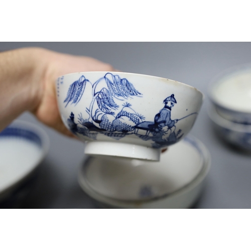 415 - A group of late 18th century Liverpool porcelain blue and white bowls, largest 21 cm, Worcester bowl... 