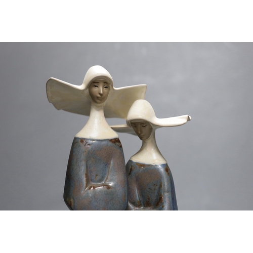 416 - A Lladro stoneware group of two nuns, 34 cm high, boxed