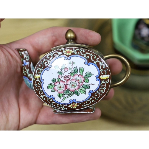 420 - A group of Chinese cloisonné enamel and Guangzhou enamel vases, bowls and miniature tea pots togethe... 