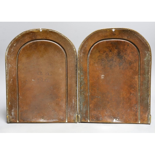 430 - A pair of Arts and Crafts Dutch style brass candle wall sconces, 31cm tall