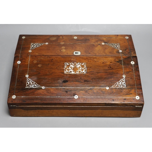 432 - A Victorian mother of pearl inlaid rosewood writing slope, 35.5cm