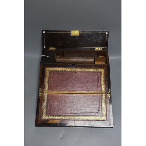 432 - A Victorian mother of pearl inlaid rosewood writing slope, 35.5cm