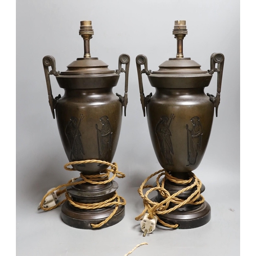 447 - A pair of bronze Greek revival vase lamps. 43.5cm high